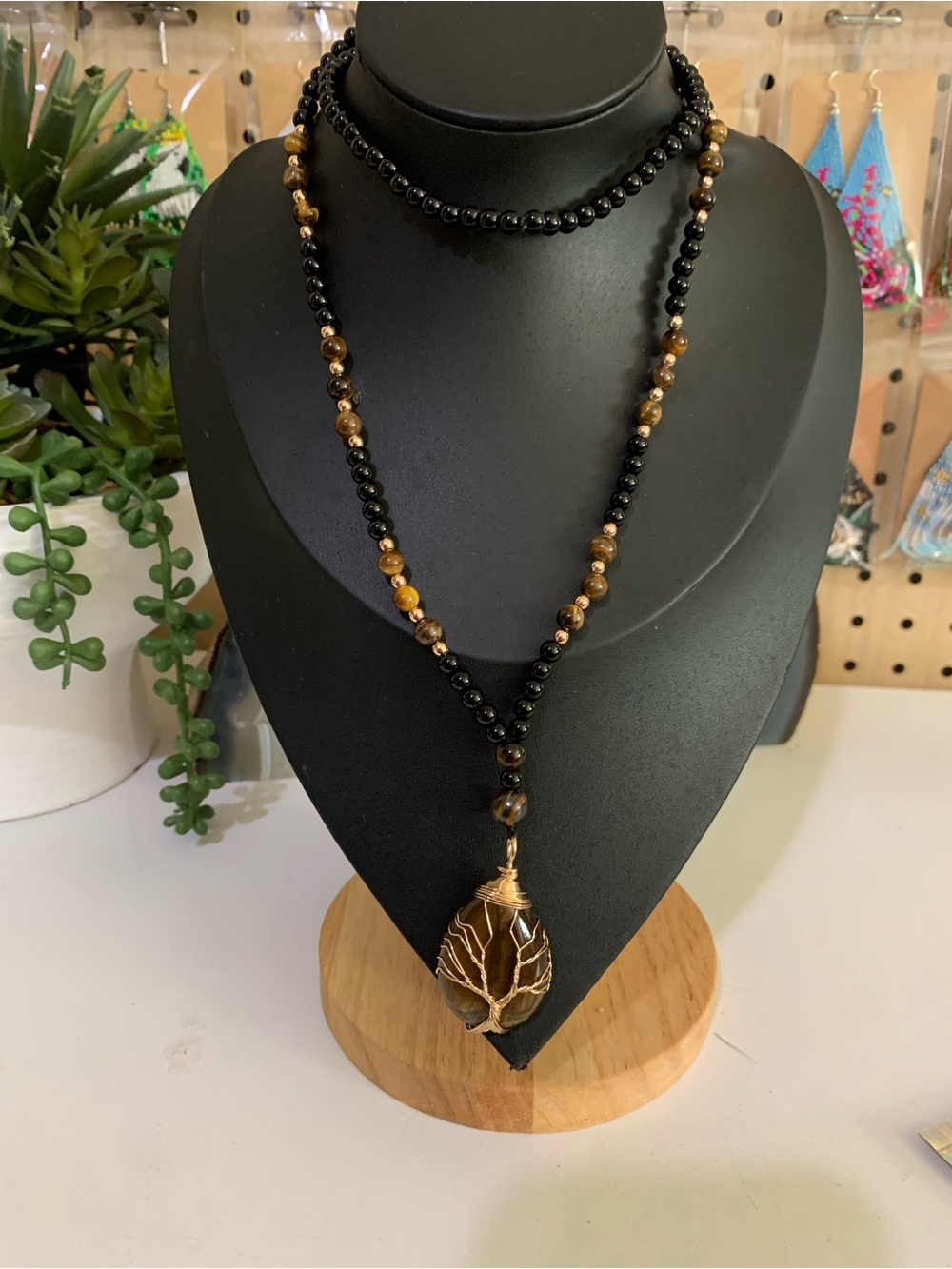 Black and Brown Beaded Pendant Necklace with Tree Wire-Wrap